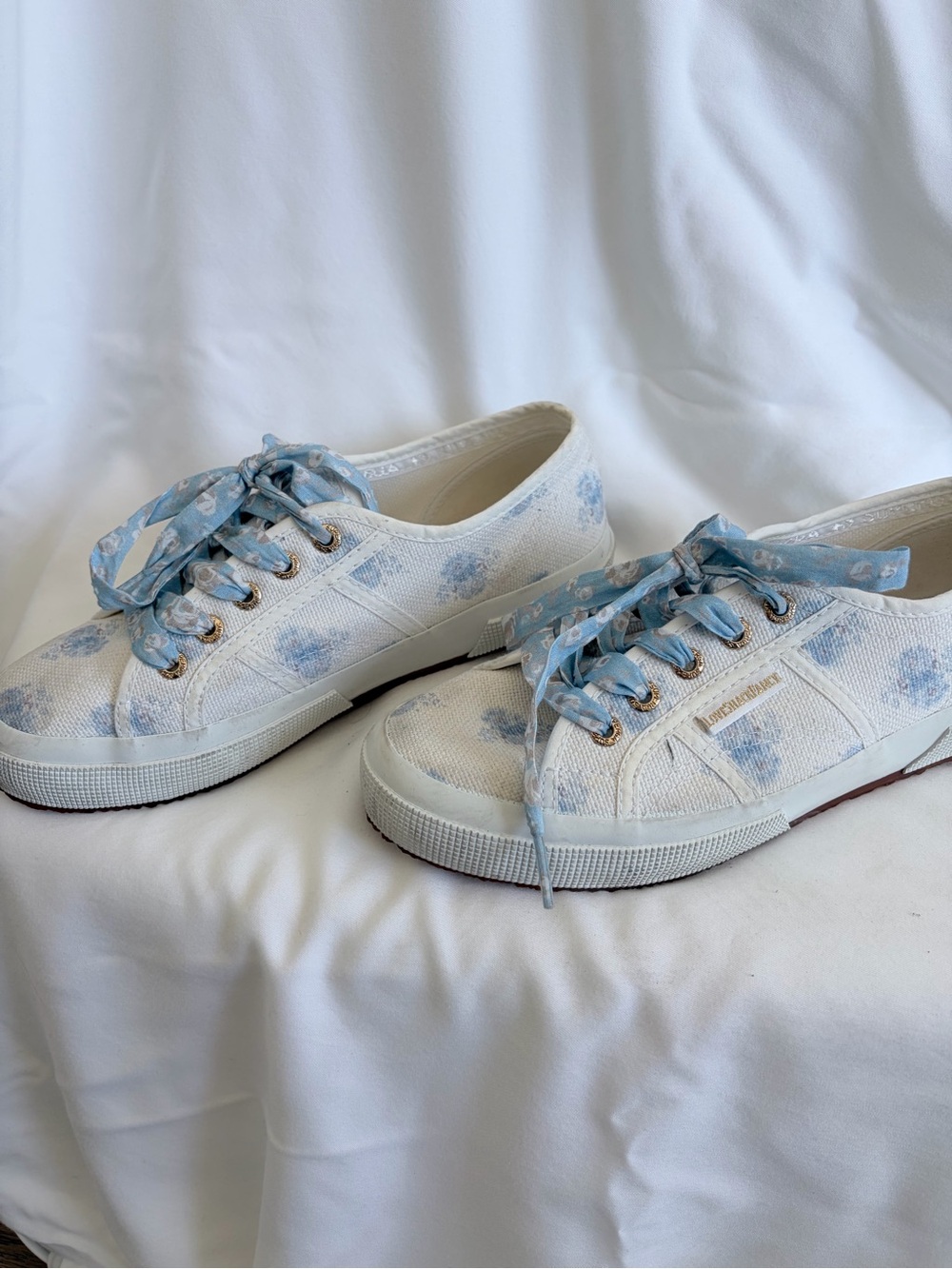 Superga x Love Shack Fancy White Canvas Sneakers with Blue Floral Ribbon Laces